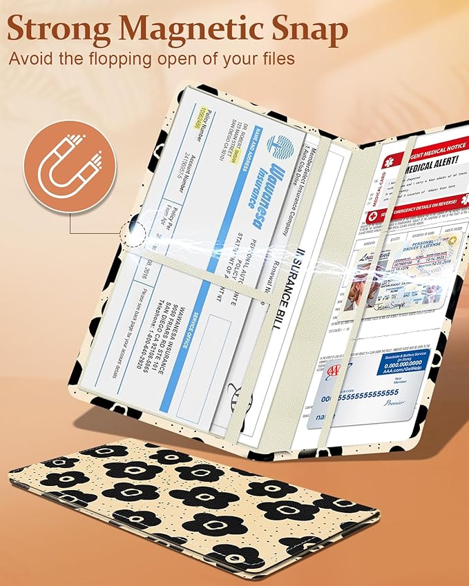 Slohif Car Registration and Insurance Card Holder - Black Flower Vehicle Glove Box Organizer Women with Magnetic Shut Leather Automobile License Holders Coasters Auto Accessories Case for Document