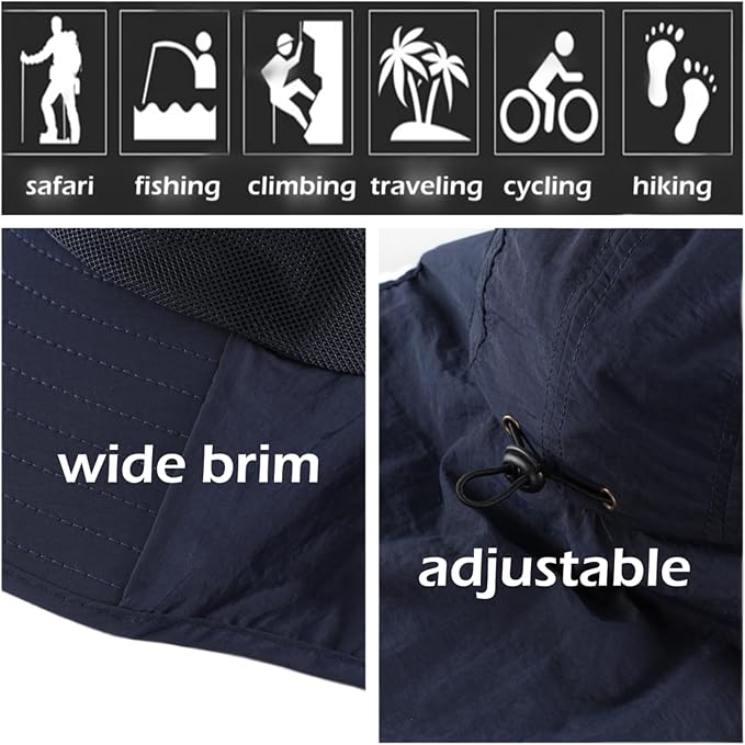 LLmoway Wide Brim Sun Hat with Neck Flap for Men Women Summer Outdoor UV Protection Breathable Fishing Hats with Strap