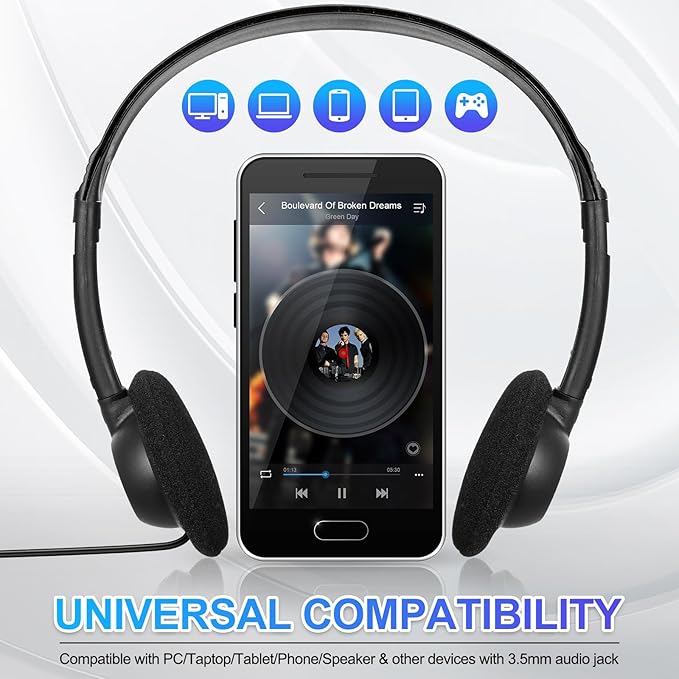 Flutesan 60 Pieces Classroom School Headphones Bulk on Ear Headphone with 3.5mm Headphone Plug in Adjustable Disposable for Kids Adults Student Noise Stereo Sound Library No Microphone