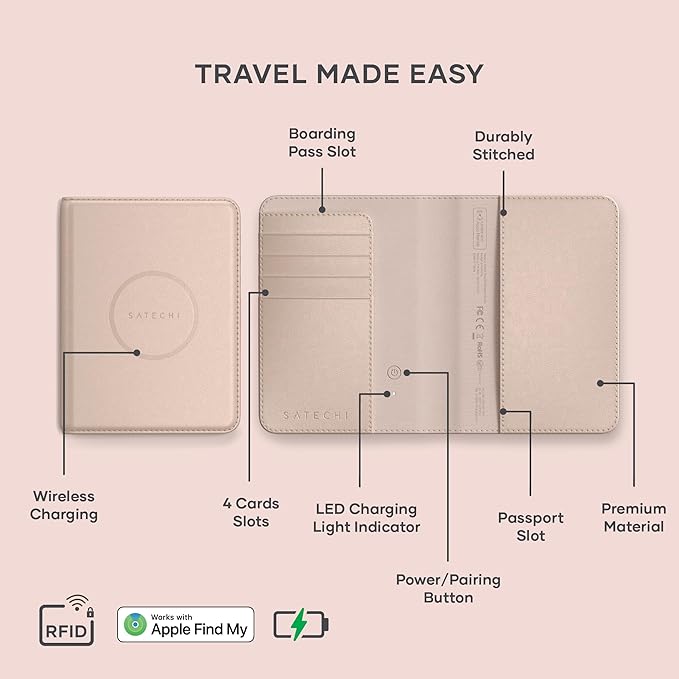 Satechi Passport Holder for Travel with Find My, Passport Cover with 4 Card Holder, Wireless Charging, and RFID protection – Travel Essential Vegan Leather Passport – Desert Rose