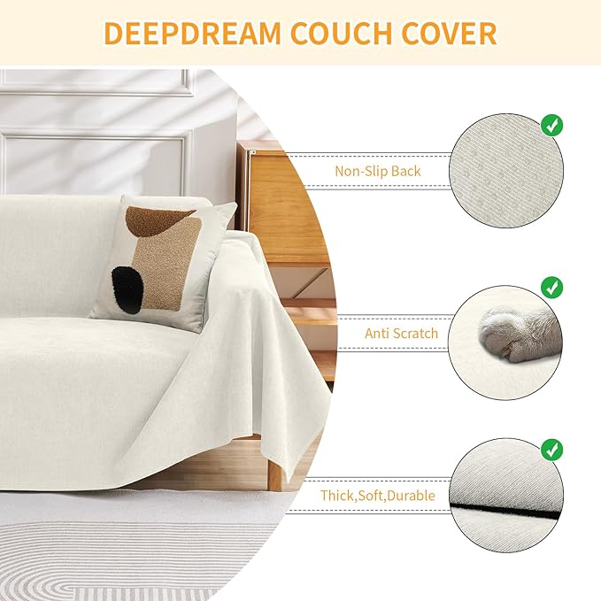 Deep Dream Cat-Scratch Resistant Couch Cover, Waterproof Sofa Cover for 3 Cushion Couch Washable, Pet Friendly Couch Protectors Anti Slip Thickened Sofa Slipcovers for Dogs Pets, 91" x 150", Beige