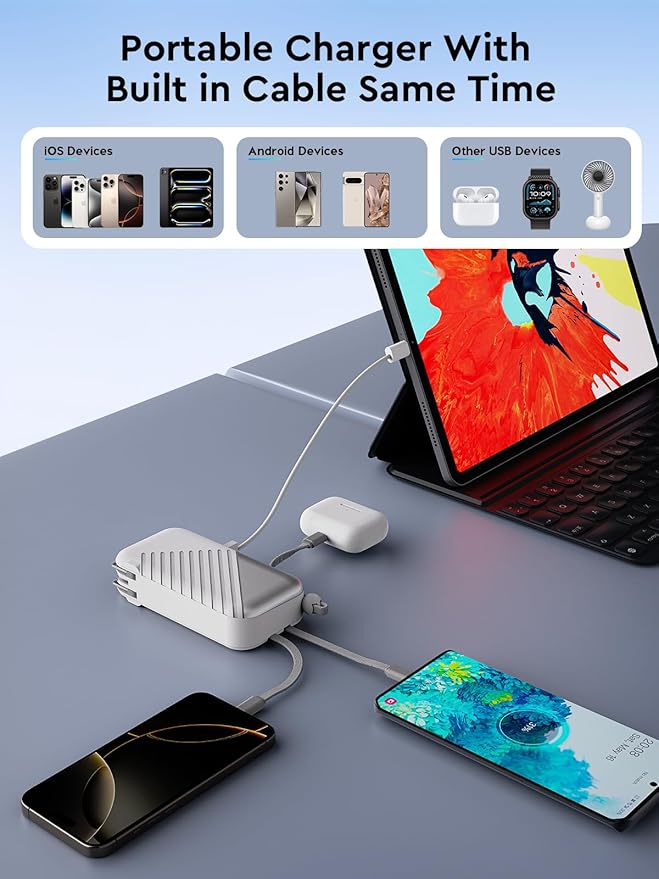 10000mAh Portable Charger Power Bank with Built-in Cable 27W Portable Charger with Wall Plug Portable Cell Phone Charger for iphone Mobile Charger Power Bank for Android Galaxy Android etc, White