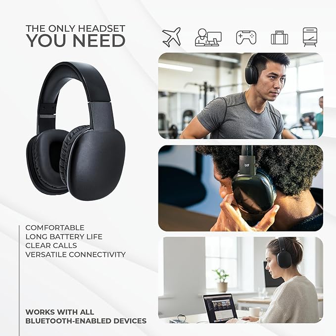 iJoy Ultra Wireless Over-Ear Bluetooth Headphones with Mic, Up to 10 Hours Playtime, Bluetooth Headset 33Ft Range with Backup AUX Cable & SD Slot, Wireless Headphones for Gaming, Work & Gym (Black)
