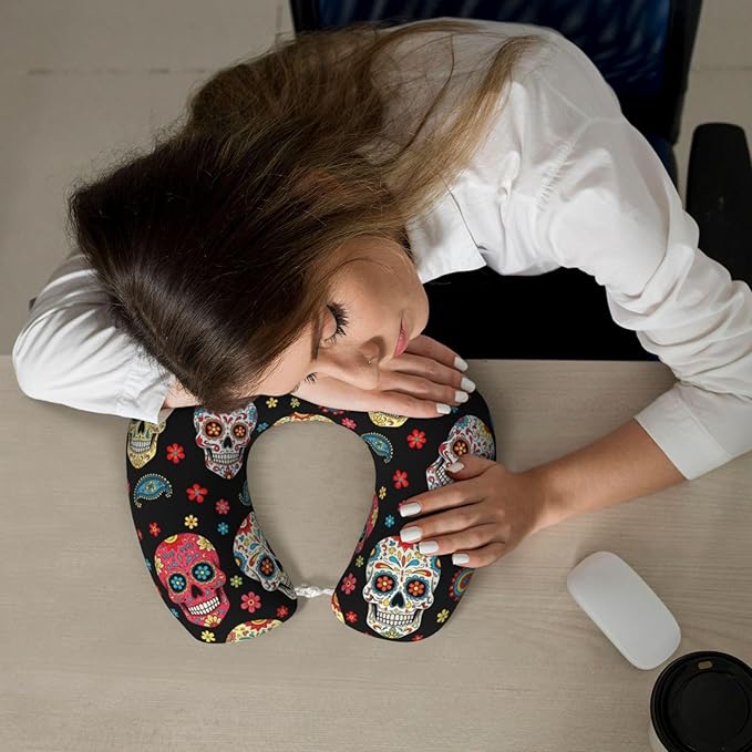 Travel Neck Pillow for Pain Relief Sleeping, Vintage Paisley Sugar Skull, Comfortable Memory Foam Chin Head Cushion Support with Zip Cover, Fashion Car Flight Pillows