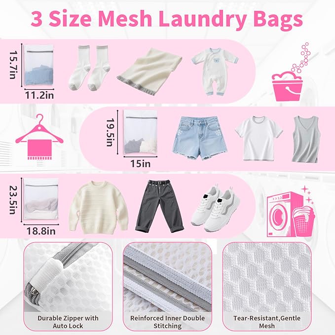 Laundry Bag Backpack with 3 Sizes Mesh Wash Bags and Shoulder Straps Foldable Clothes Hamper Bag with Drawstring Closure for College, Apartment, Laundromat (Pink)