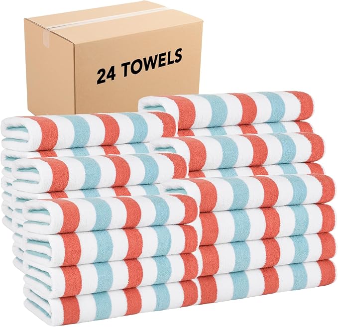 Arkwright Cabo Cabana Stripe Beach Towel Bulk - Case of 24 - Large Soft Quick Dry Cotton Terry Towels for Pool, Swim, and Hot Tub, Oversized 30 x 70 in, Crabapple/Pool Blue