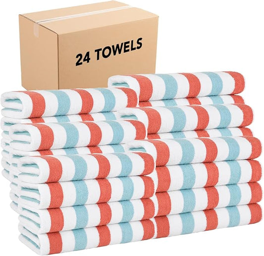 Arkwright Cabo Cabana Stripe Beach Towel Bulk - Case of 24 - Large Soft Quick Dry Cotton Terry Towels for Pool, Swim, and Hot Tub, Oversized 30 x 70 in, Crabapple/Pool Blue