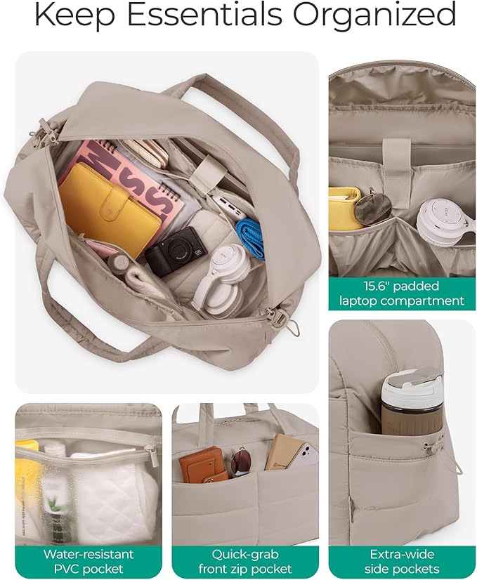 BAGSMART Gym Bag for Women, Lightweight Puffer Duffle Bag 2-PC Travel Bag, 31L Weekender Overnight Bag Quilted Carry On Tote Bag, Diaper Hospital Dance bag for Travel, Gym, Water Resistant, Camel