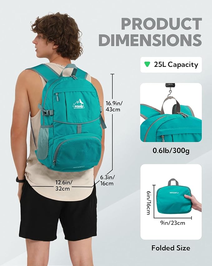 WATERFLY Hiking Packable Daypack Backpack: 25L Ultra Lightweight Day Pack for Woman Man - Small Compact Folding Back Pack for Outdoor Sport Cycling Camping Travel Trip - Turquoise