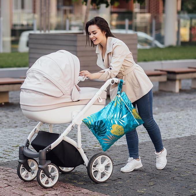 Wet Dry Bag Waterproof Reusable Wet Bag for Swimsuit, Travel, Beach, Pool, Bathing Suit, Diapers, Dirty Yoga Gym Clothes Daycare Organizer One Zippered Pocket (green leaf 2)