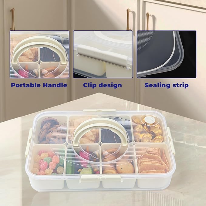 Air-tight Snackle Box Container Dishwasher Safe, Divided Serving Tray with Lid and Handle, Portable Snack Platters Containers for Candy Fruits, Charcuterie Organizer for Picnic 2PCS