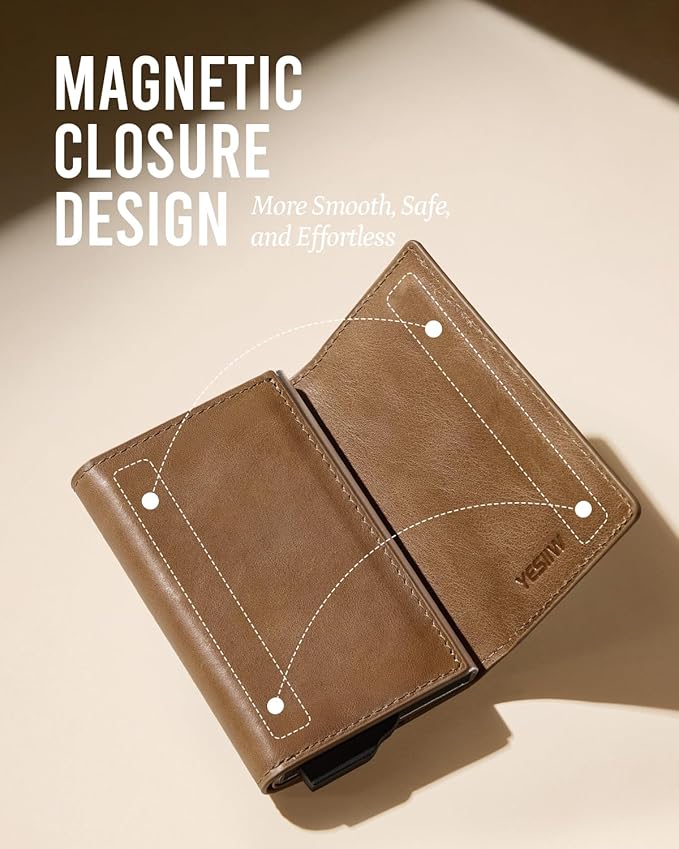 YESIIW Slim Wallet for Men - Premium Genuine Leather - Pop up Card Case Mens Wallet for 7-9 Card Capacity | ID Window | Cash Slot | Coin Pocket - RFID Blocking - Slim, Minimalist Thin (Brown)