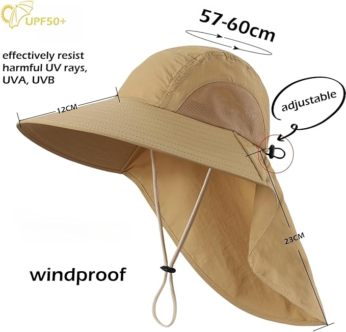 LLmoway Wide Brim Sun Hat with Neck Flap for Men Women Summer Outdoor UV Protection Breathable Fishing Hats with Strap