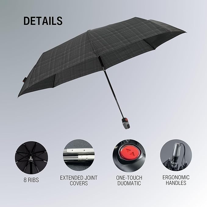 Knirps T.200 Duomatic Compact Rain Umbrella in Men's Check– Wind Tunnel Tested to 93 mph, Aluminum Steel Fiberglass Frame, 38in Canopy, OEKO-TEX, High-Performance Automatic Travel Umbrellas