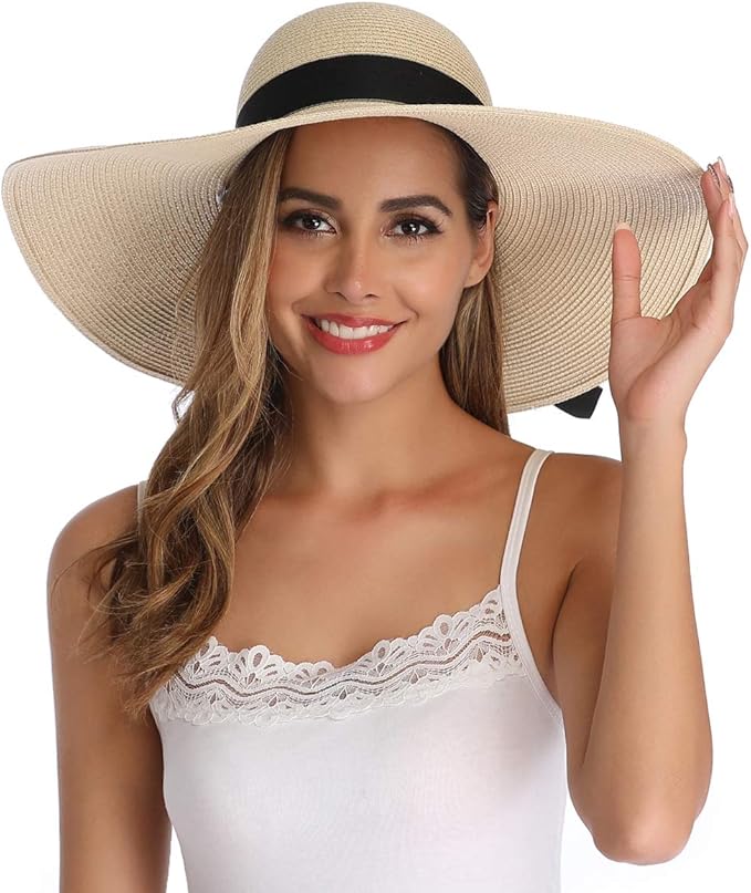 Lanzom Womens Wide Brim Straw Hat Big Floppy Foldable Roll up Cap Beach Sun Hat UPF 50+