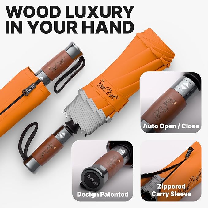 Royal Walk Windproof Folding Travel Umbrella Compact and Strong Luxurious Real Wood Handle Automatic Open Close Vented Double Canopy for Men and Women
