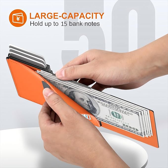 Mens Wallet Card Holder, Slim Wallet for Men, Premium Flexible Leather, Smart Front Pocket Wallet, Aluminum Pop up Case, RFID Blocking, Minimalist, 9-14 Card Capacity | ID Window | Cash Slot