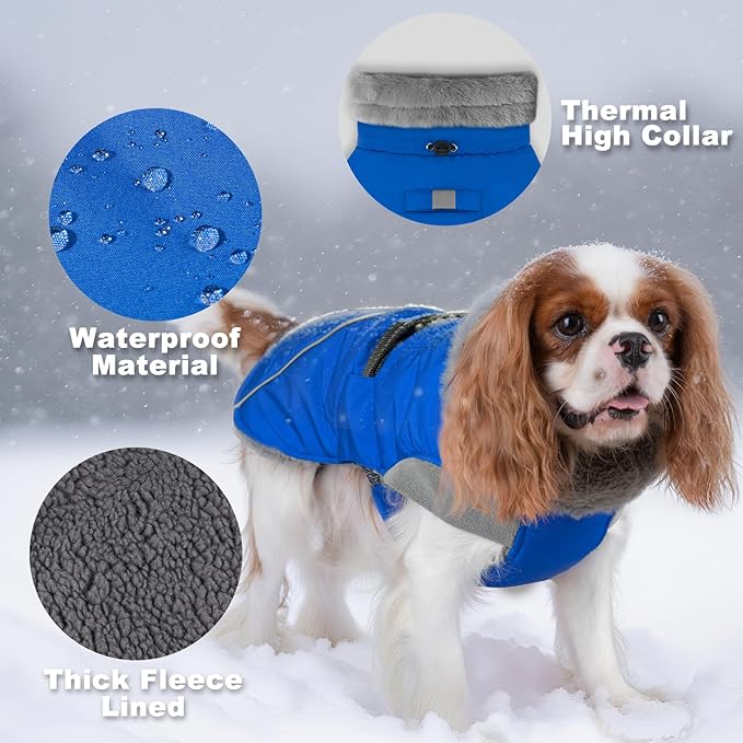 KYEESE Waterproof Dog Coat, Windproof Warm Winter Jacket with Thick Fleece Lined, Turtleneck Dog Coats for Small Dogs with Leash Hole, Reflective Outdoor Cold Weather Coat, Blue, Medium
