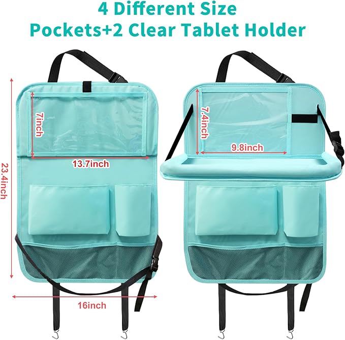Etre Jeune Backseat Car Organizer with Tablet Holder, 6 Storage Pockets Car Storage Organizer with Foldable Food Tray, Kick Mats Travel Accessories, 2 Pack BLue