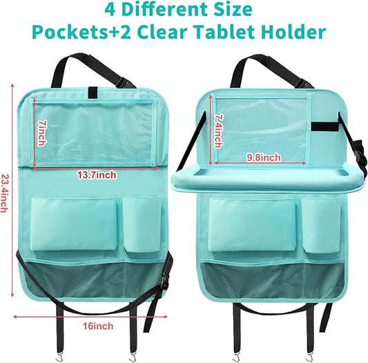 Etre Jeune Backseat Car Organizer with Tablet Holder, 6 Storage Pockets Car Storage Organizer with Foldable Food Tray, Kick Mats Travel Accessories, 2 Pack BLue