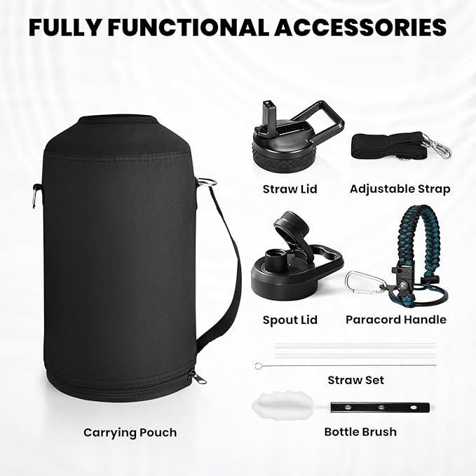One Gallon Water Bottle Insulated, Triple Walled Vacuum Stainless Steel (Cold for 48 Hrs), Leak Proof & Non-BPA, Large Water Flask Jug with Paracord Handle & Straw Spout Lids