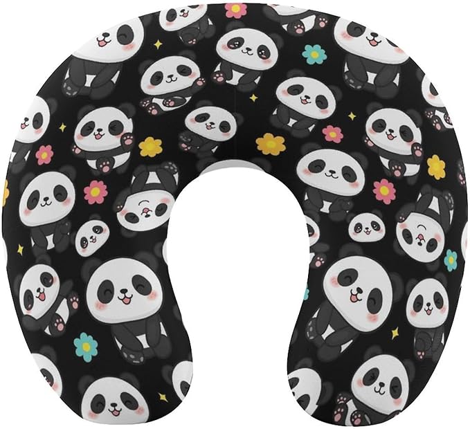 Youth Travel Neck Pillow Soft Memory Foam Chin Support Cute Cartoon Panda Art, Washable Cover for Boys Girls Airplane Car School Rest