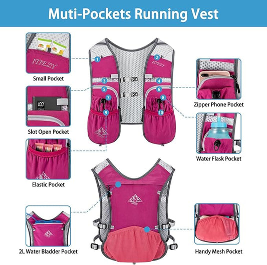 Running Hydration Vest for Women Men - Waterproof Running Water Backpack Hydration Pack with 12 Pockets, Lightweight Water Vest for Hiking Trail Cycling Marathon Race