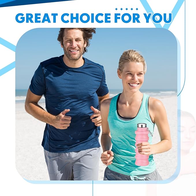 Baderke 2 Pcs Collapsible Water Bottles 17oz Silicone Travel Foldable Portable Water Bottle with Buckle Silicone Lightweight Reusable Leakproof for Camping Hiking Cycling Sport(Pink, Blue)