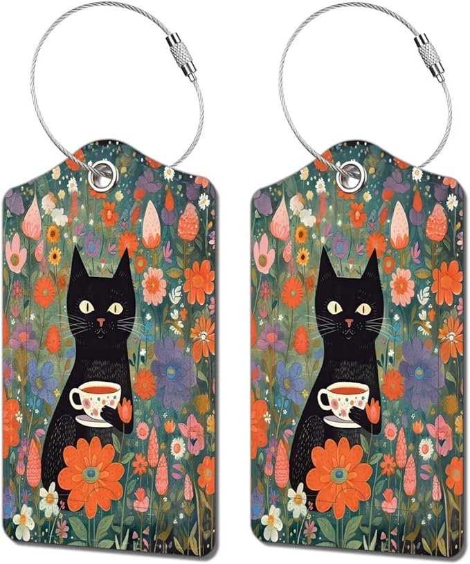 2 Pack Luggage Tag for Suitcase, Cute Unique Leather Bag Tags Identifiers Privacy Cover ID Label with Durable Steel Loop for Women Men Kids Girls Travel, Black cat Flower