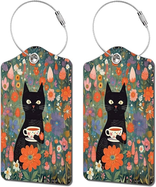 2 Pack Luggage Tag for Suitcase, Cute Unique Leather Bag Tags Identifiers Privacy Cover ID Label with Durable Steel Loop for Women Men Kids Girls Travel, Black cat Flower