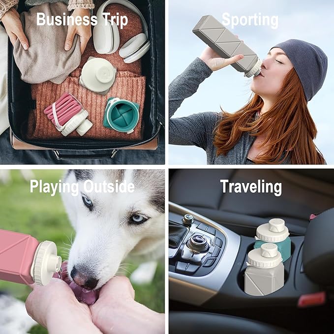 Collapsible Water Bottles 20.6oz 2 Pack, Silicone Foldable Portable Water Bottle, BPA-Free, Leakproof Reusable for Travel Camping Hiking Cycling Yoga Sports Outdoor (Blue+DarkBlue)