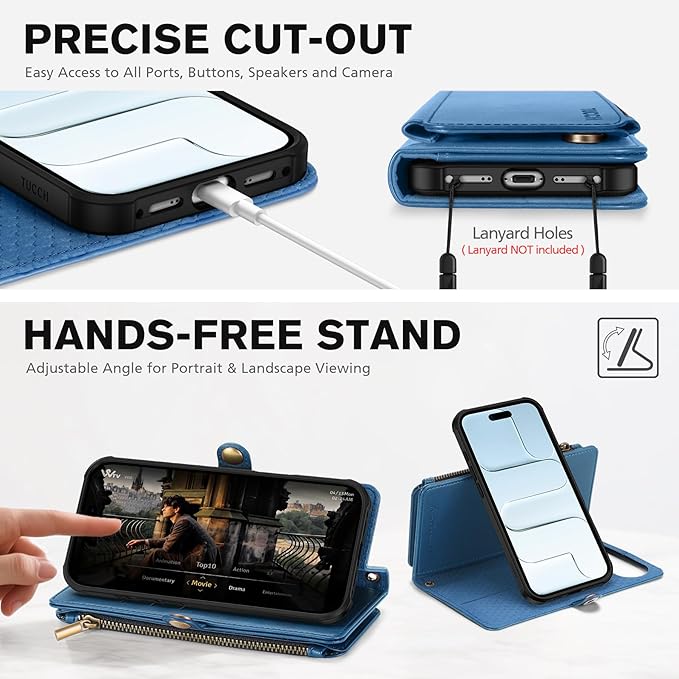TUCCH Removable Crossbody Case Wallet for iPhone Air (6.5") 2025, Wireless Charging, RFID Blocking 9 Card Slots, Lanyard, Wrist Strap, Zipper Pocket, PU Leather, Stand Magnetic Cover, Light Blue