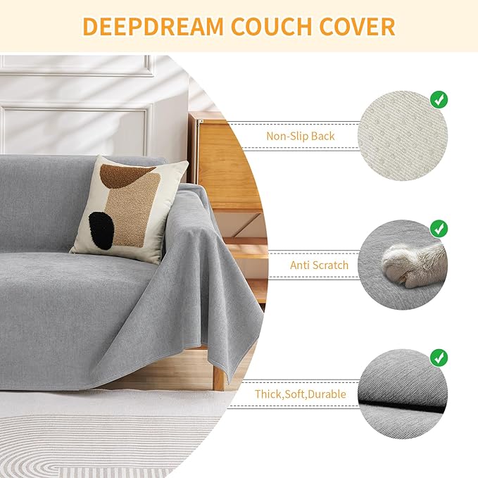 Deep Dream Cat-Scratch Resistant Couch Cover, Waterproof Sofa Cover for 3 Cushion Couch Washable,Pet Friendly Couch Protectors Anti Slip Thickened Love Seat Slipcovers for Dogs, 71" x 118",Light Grey
