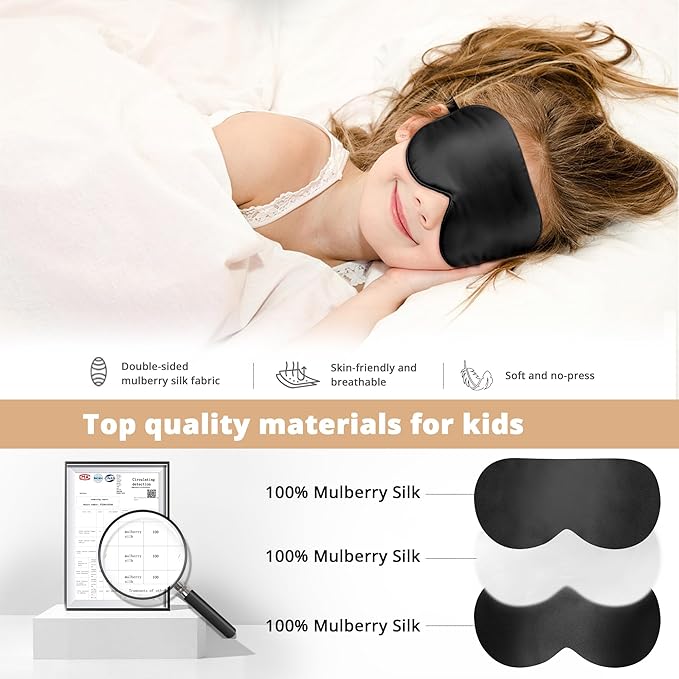 Kids Sleep Mask Eye Cover, 100% Real Natural Pure Silk Eye Mask with Adjustable Strap, Blindfold Kids Eye Mask for Sleeping, Eye Shade for Boys Girls and Adult, Pressure-Free Comfort (Black)