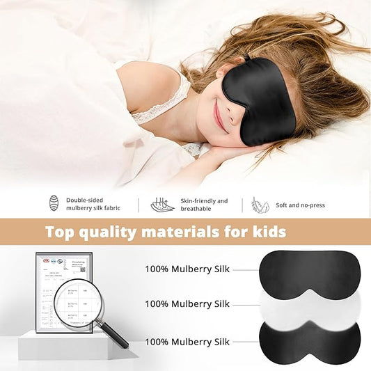 Kids Sleep Mask Eye Cover, 100% Real Natural Pure Silk Eye Mask with Adjustable Strap, Blindfold Kids Eye Mask for Sleeping, Eye Shade for Boys Girls and Adult, Pressure-Free Comfort (Black)