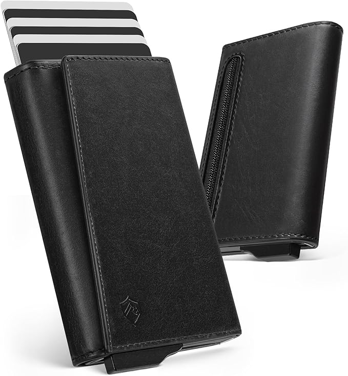 YESIIW Slim Wallet for Men - Premium Genuine Leather Wallet for Men - Pop up Card Holder Mens Walletfor 7-9 Card Capacity | ID Window | Cash Slot | Coin Pocket | RFID Blocking - Slim, Thin (Black)