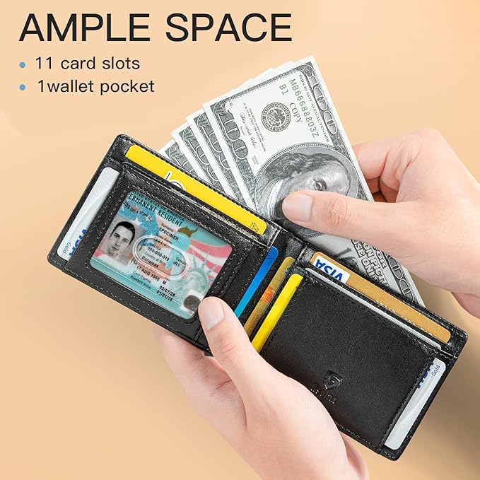 GSOIAX Mens Slim Wallet for Men Minimalist Genuine Leather Carbon Fiber Rfid Blocking Bifold Credit Card Holder With Gift Box (Black)