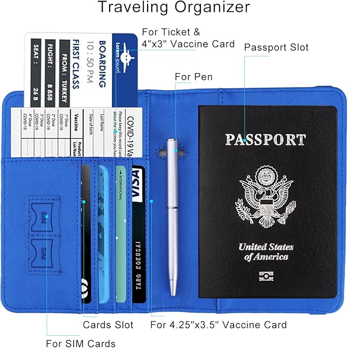 WALNEW Passport Holder for Travel, RFID Passport Cover Wallet for Women Men, PU Leather Passport Book Card Holder Case with Pen, Travelling Essentials for Flying