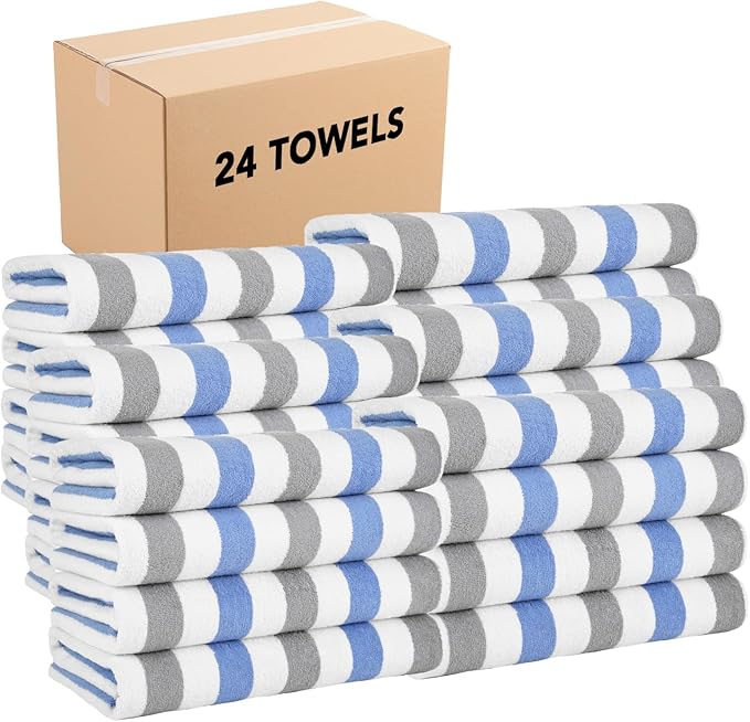 Arkwright Cabo Cabana Stripe Beach Towel Bulk - Case of 24 - Large Soft Quick Dry Cotton Terry Towels for Pool, Swim, and Hot Tub, Oversized 30 x 70 in, Cornflower Blue/Grey