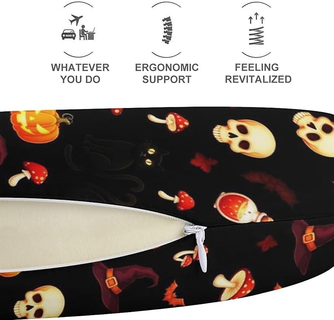 Fashion Travel Pillow Memory Foam Chin Head Support Halloween Witch Black Cat Bat Pumpkin Skull Mushroom, Breathable Washable Cover for Women Men Airplane Car Decor