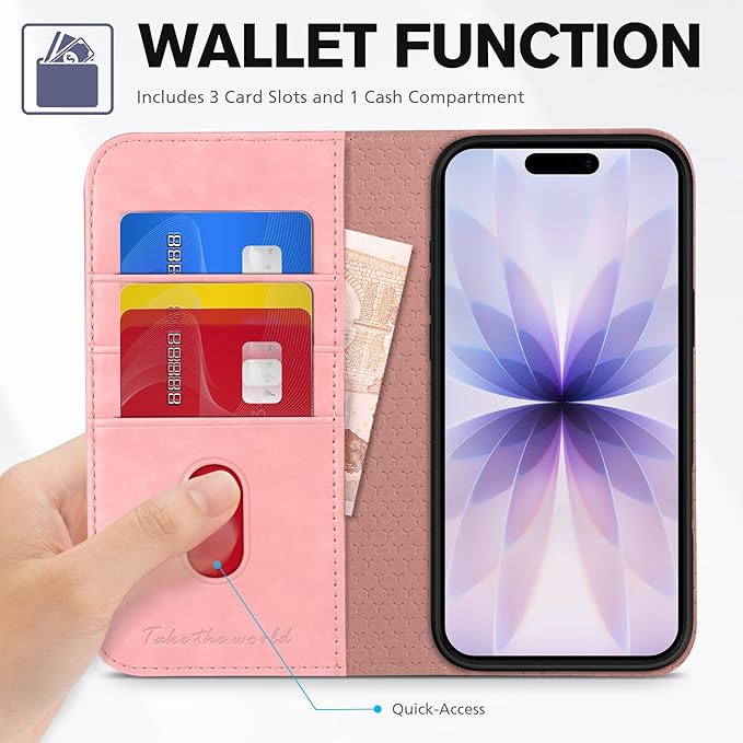 TUCCH Case Wallet for iPhone 17 (6.3") 2025, RFID Blocking 3 Card Holders | Kickstand | PU Leather | Protective Flip Folio Cover | TPU Shockproof Interior Shell | Pink