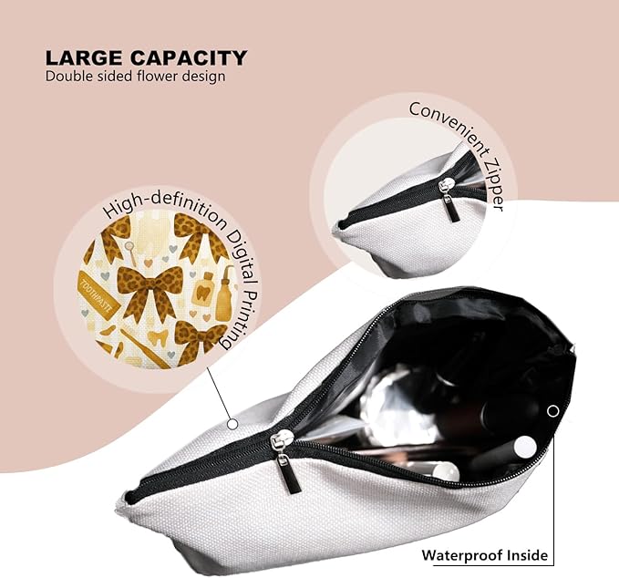 Cheetah Smile Dental Care Makeup Bag, Cute Tooth & Bow Cosmetic Pouch for Dental Assistant Hygienist Dentist Gift for Women