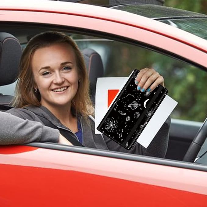 Car Registration and Insurance Holder, Leather Car Glove Box Organizer, Cool Car Accessories for ID, Driver's License Cards & Essential Document, business cards, Men&Women,Moon Spaceship