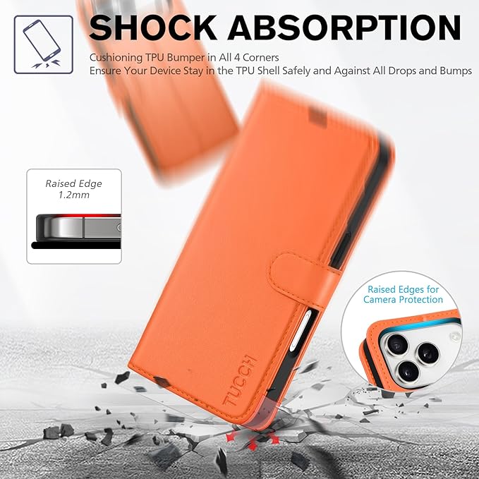 TUCCH Wallet Case for iPhone 17 Pro (6.3") 2025, 4 Card Holders, RFID Blocking, Stand, Shockproof TPU Shell, PU Leather, Magnetic Closure, Protective Flip Folio Cover, Orange