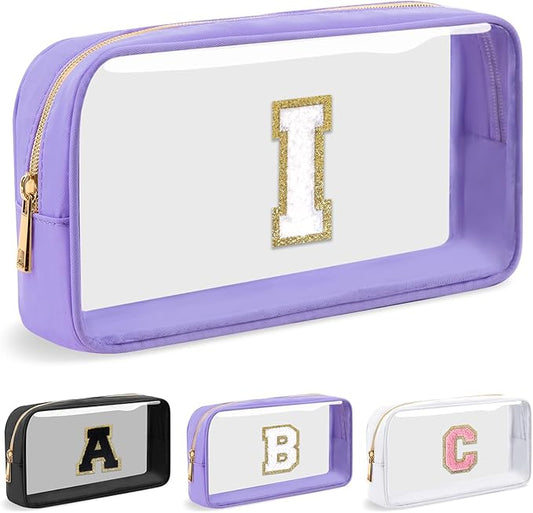 Personalized Initial Letter Clear Makeup Bag,Preppy Small Nylon&PVC Cosmetic Zipper Bag with Chenille Letter,Travel Skincare Toiletry Bag,Monogram Christmas Gift for Teen Girls Women,I