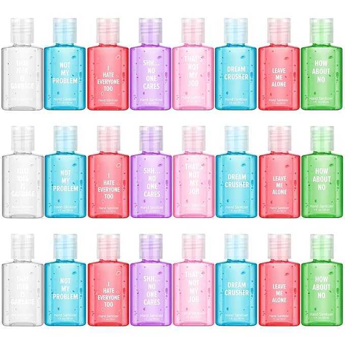 Frienda 24 Pcs Funny Hand Sanitizers with Sarcastic Sayings Mini Travel Size Pocket Hand Sanitizers Berry Peach 1 oz Gag Work Gifts for Christmas Stocking Stuffers Teacher Employee Appreciation Gifts