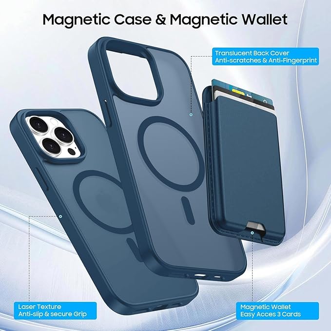 Ntwinro Magnetic for iPhone 14 Pro Case (Compatible with MagSafe) with Detachable Wallet & Card Holder for 3 Cards [RFID Blocking] Military Grade Protective Slim Phone Cover, Deep Blue