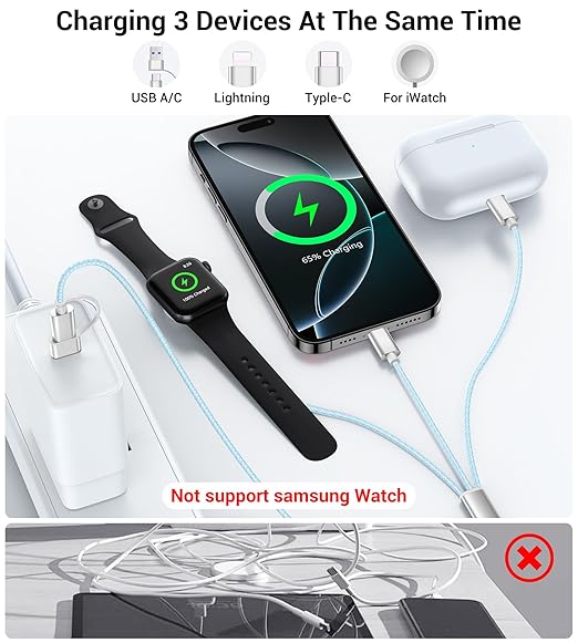 Temdan for Travel Vacation Essentials,3 in 2 USB C Cable for Apple Watch Charger/iPhone 17 Charger/Lightning,Multi Charging Cable Cord,Camping Essentials,Designed for iWatch &iPhone 16-12-5FT Blue