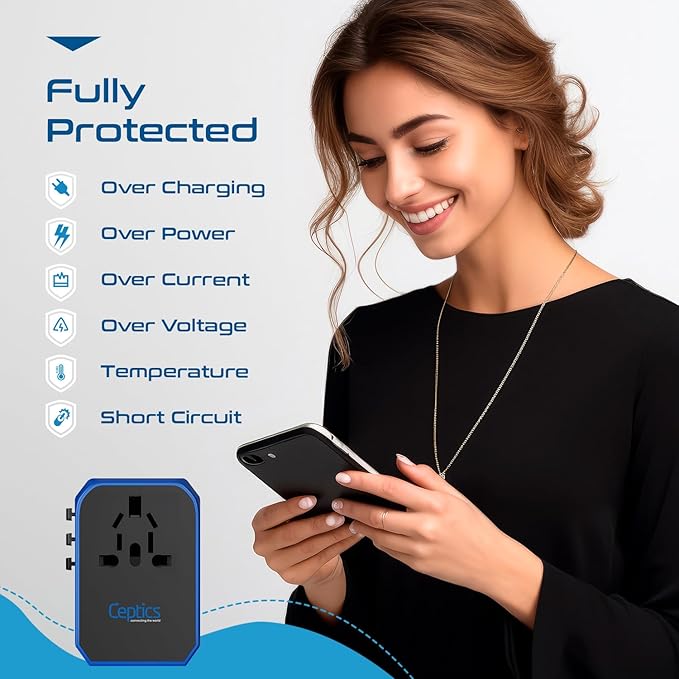 Ceptics 70W World International Travel Plug Adapter - Powerful GaN Tech with Pd & QC 3.0 Dual 3X USB-C Power - 2 USB Ports Wall Charger Type I C G A Outlets 110V 220V A/C - EU Euro US UK (70-KU)