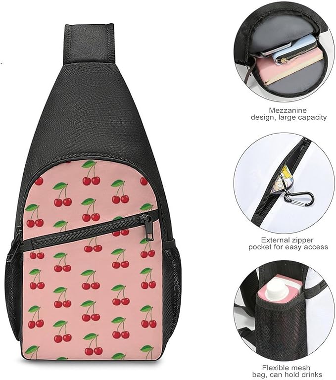 SWEET TANG Cute Sling Shoulder Backpacks Pink Cherry Fruit Theme Cherries Bags Chest Sack, Anti Theft Crossbody Rucksack for Hiking Traveling Sports, Multipurpose Daypacks for Men Women